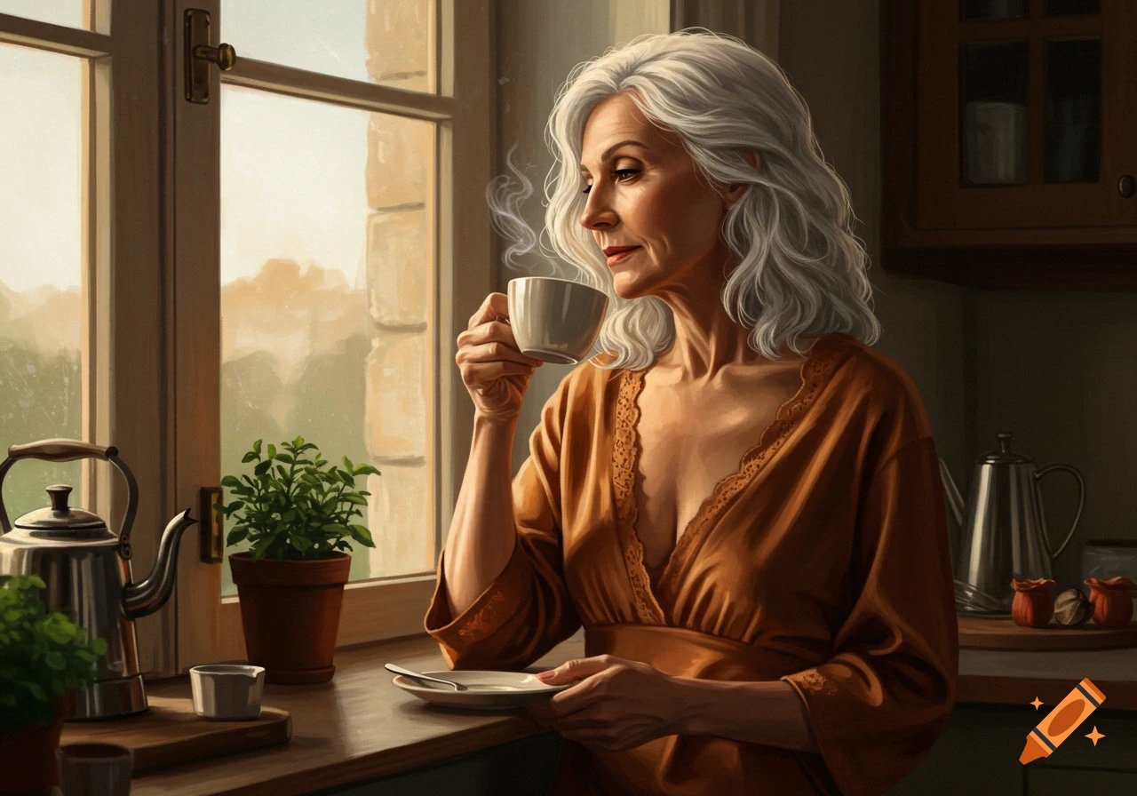 An older woman with white hair in a rust-colored nightgown sips coffee by a sunlit window in a kitchen, digital art.