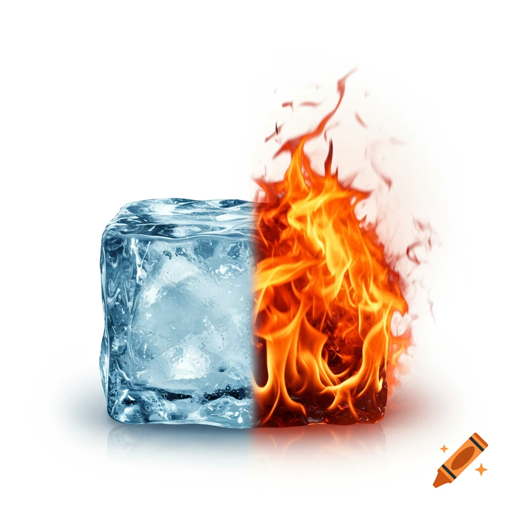 Photorealistic image of an ice cube and fire side-by-side on a white background, symbolizing contrast.