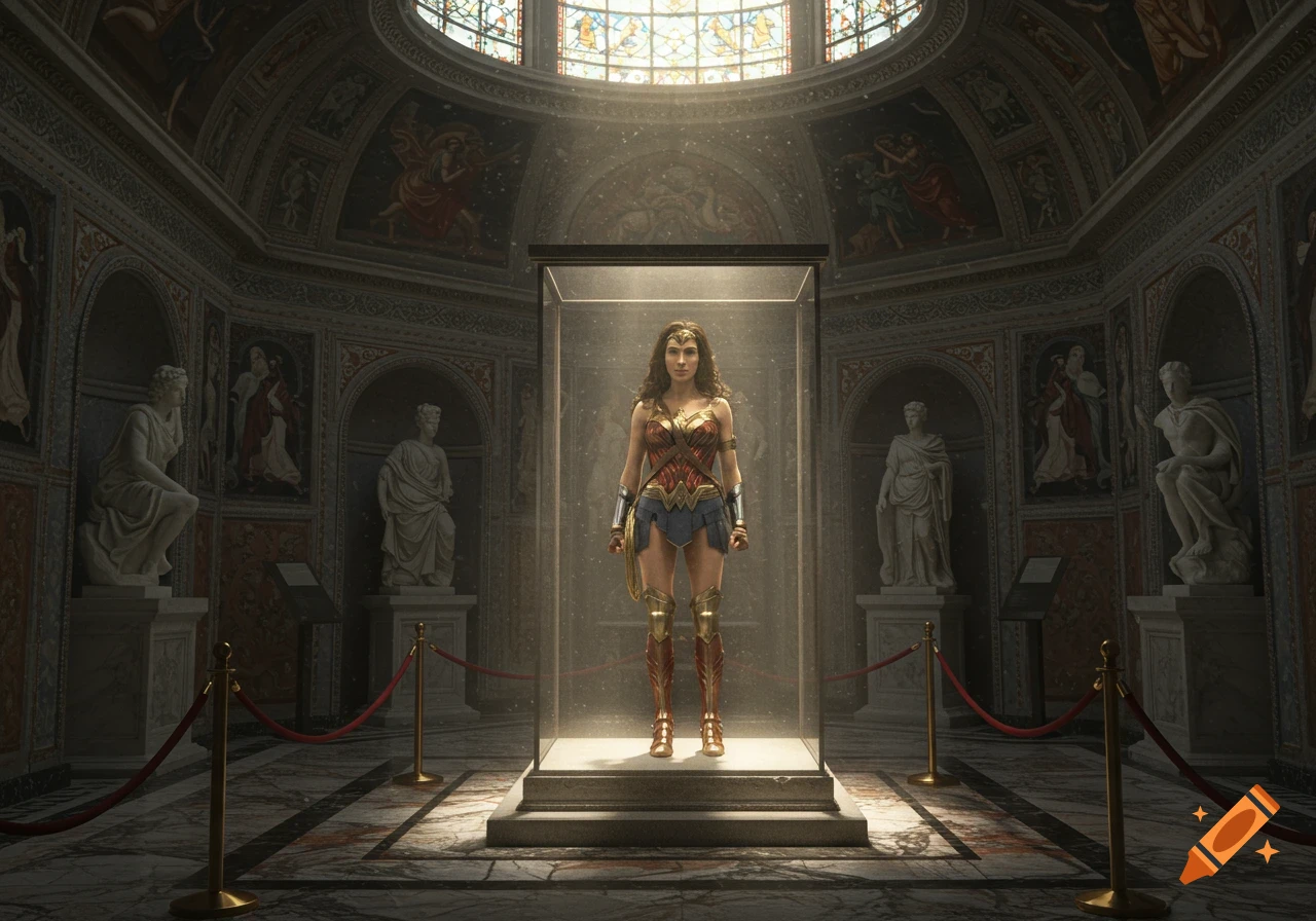 Wonder Woman stands in a glass display case in a grand museum hall with statues and painted ceilings, illuminated by light from above.