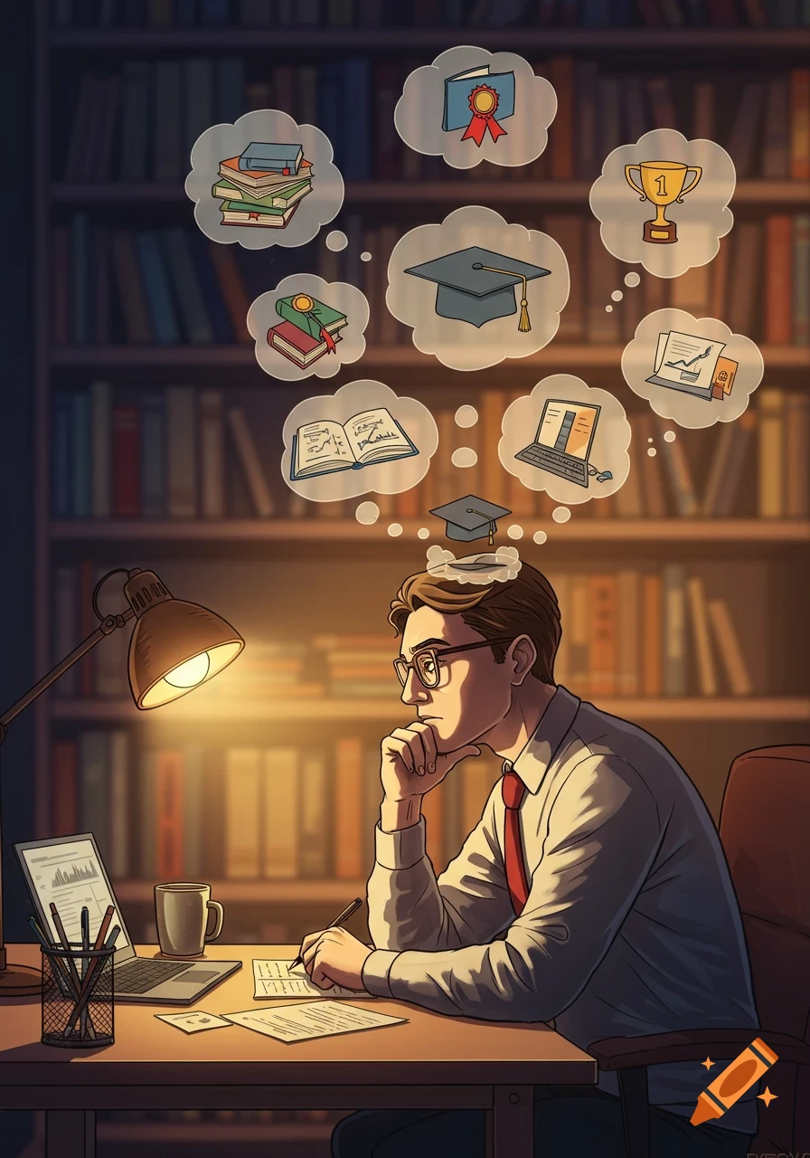 Illustration of a man with glasses sitting at a desk with thought bubbles showing education and career aspirations.