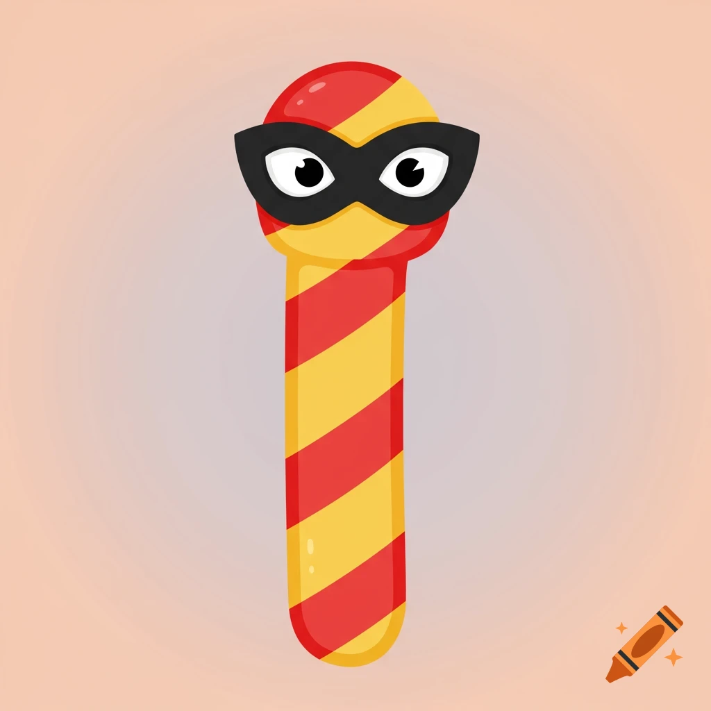A kid-friendly cartoon bookmark with red and yellow stripes, featuring a black bandit mask and large eyes.
