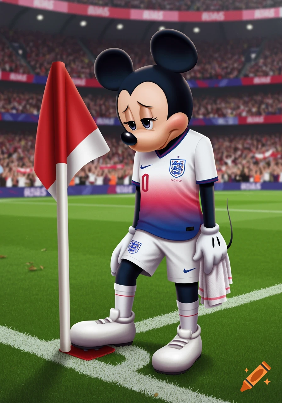 Sad Mickey Mouse, in a white and red-to-blue England football kit, stands on a green football pitch next to a corner flag in a stadium filled with blurred fans.