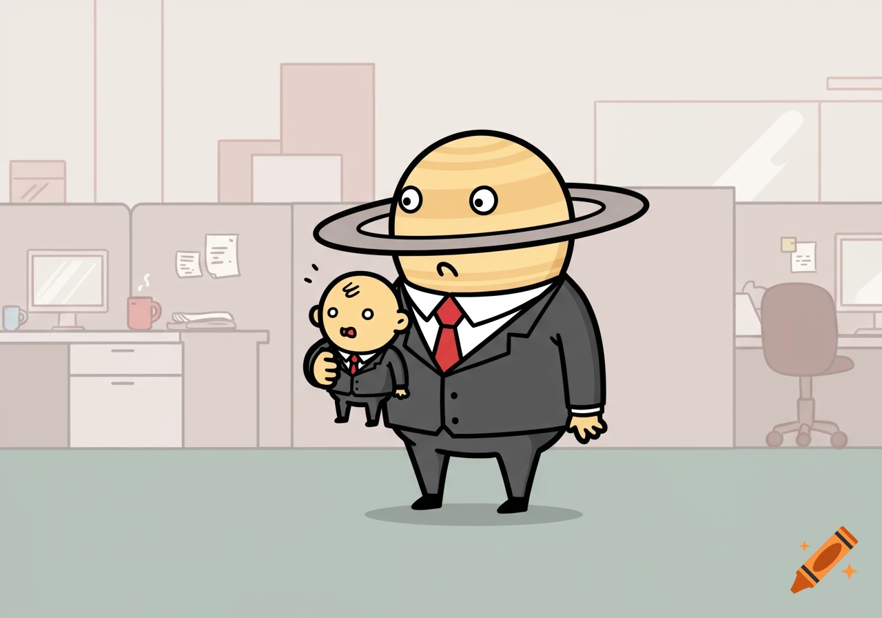 Cartoon Saturn in a suit holding a smaller suited figure in an office cubicle setting.
