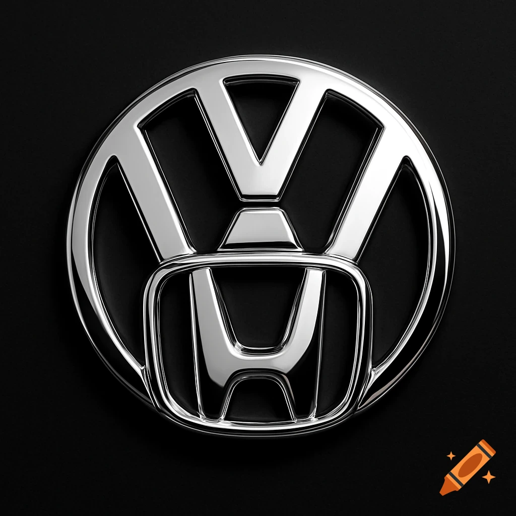 A shiny chrome emblem combining the Volkswagen and Honda logos on a black background.
