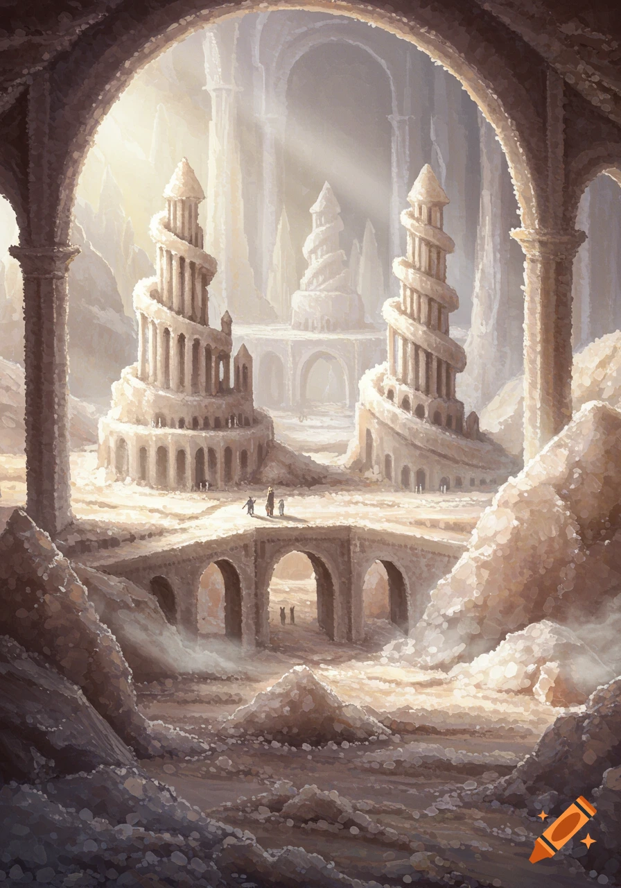 A fantasy landscape with tall spiral towers and arched bridges, illuminated by light, appearing made of salt grains.