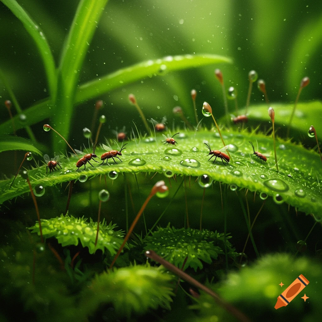 Photorealistic macro shot of small red insects on a green leaf covered in water droplets.