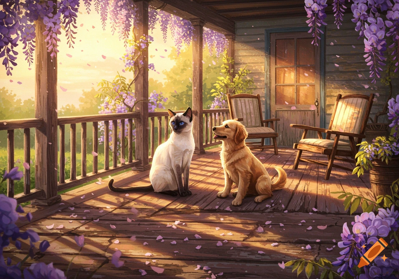 A Siamese cat and a golden retriever sit on a sunlit wooden porch covered in purple wisteria flowers and petals in an illustrated style.