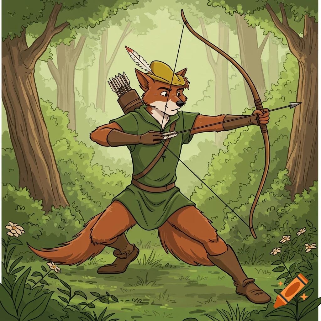 An anthropomorphic fox dressed as Robin Hood aiming a bow and arrow in a forest, in a graphic illustration style.