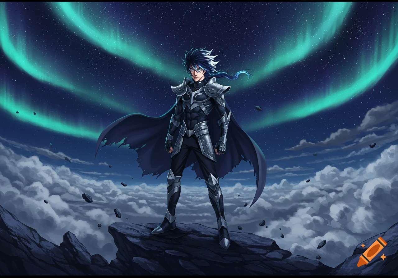 Anime-style male character in dark armor stands on a rocky peak under a starry night sky with a vibrant green aurora.