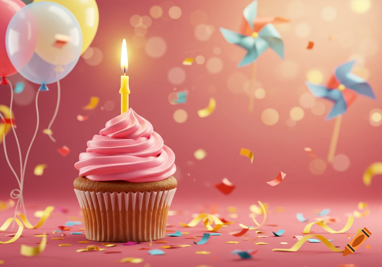 A photorealistic image of a pink-frosted cupcake with a lit candle, colorful confetti, ribbons, and balloons on a pink background.