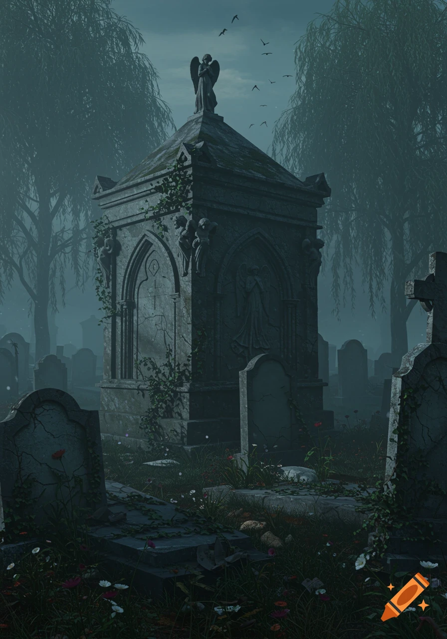 A dark and foggy cemetery with an ornate mausoleum, overgrown tombstones, and weeping willow trees under a gloomy sky.