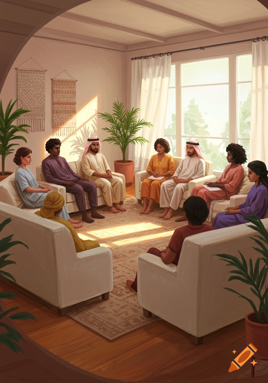 A diverse group of people sit in a circle on couches and chairs in a sunlit room, engaged in what appears to be a therapy or group discussion session.