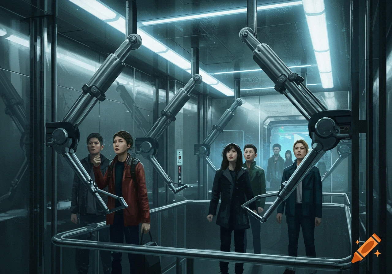 People look up inside a futuristic, metallic elevator with large mechanical arms hanging from the ceiling, digital painting.