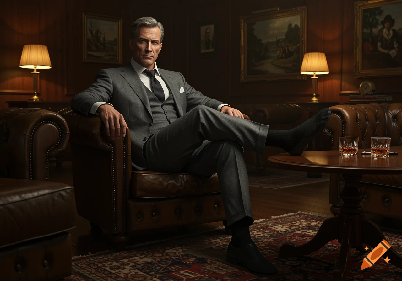 A distinguished middle-aged man in a grey suit sits relaxed in a leather armchair in a dimly lit, luxurious study.