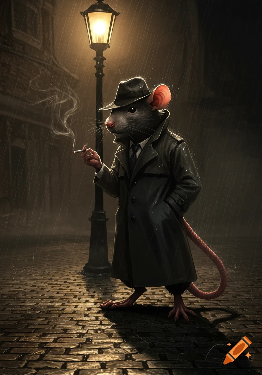 A noir-style anthropomorphic rat in a trench coat and fedora smokes a cigarette under a streetlamp in the rain.