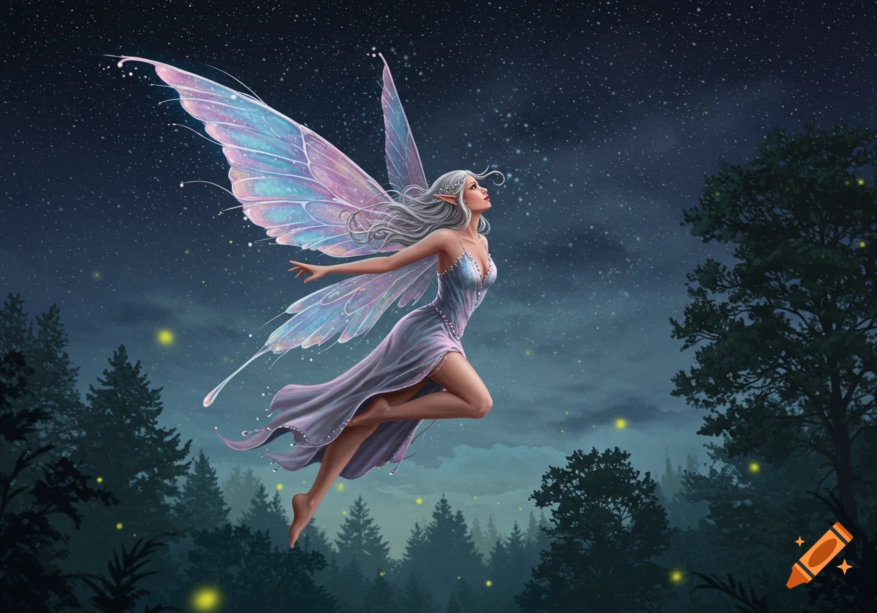 A beautiful fairy with shimmering wings and a flowing dress flies over a dark forest at night under a starry sky.