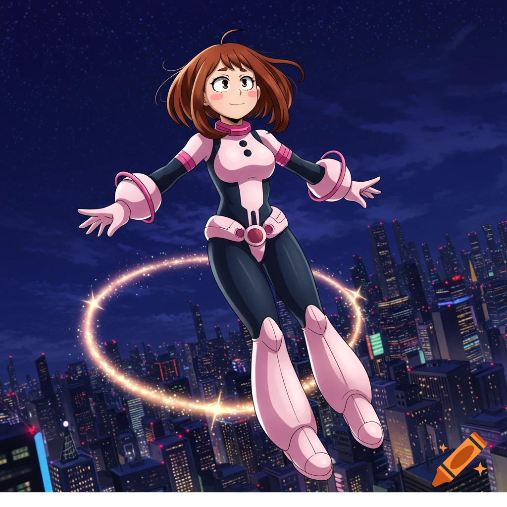 Ochaco Uraraka in her pink and black superhero uniform floats above a city at night, surrounded by a sparkling light ring, in anime style.