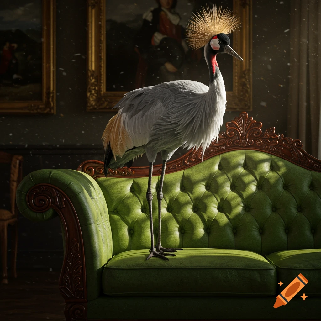 A black-crowned crane with spiky golden feathers stands on a green tufted velvet couch in a richly decorated room.
