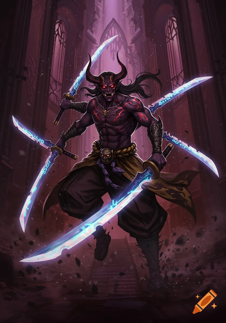 A multi-armed demon with red eyes and horns, wielding five glowing blue swords, stands in a dark gothic castle.