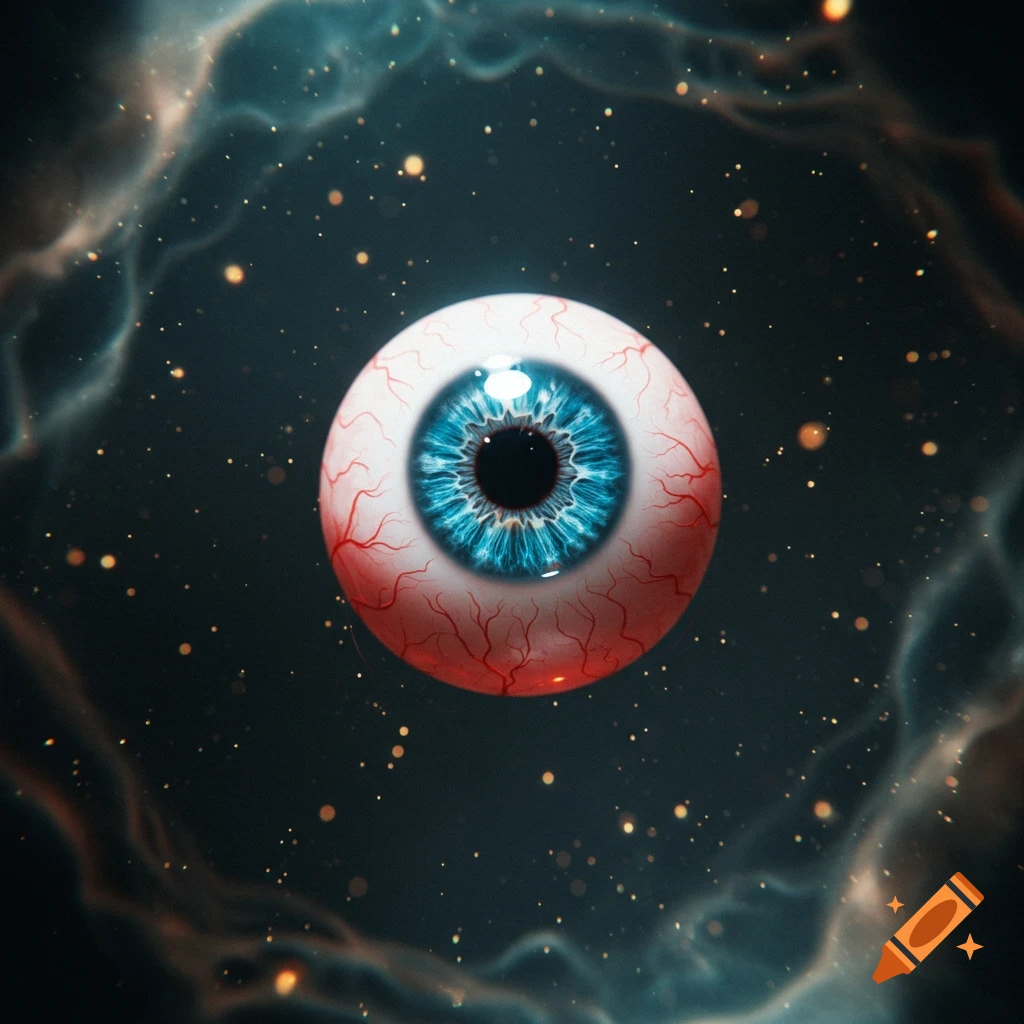 A detailed, bloodshot blue eyeball floats in a dark cosmic space with glowing particles and wisps of nebula.