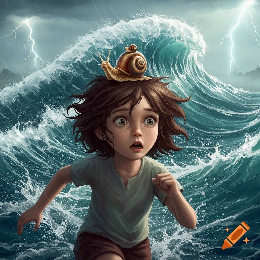 A wide-eyed girl with a snail on her head runs from a massive tsunami as lightning strikes.