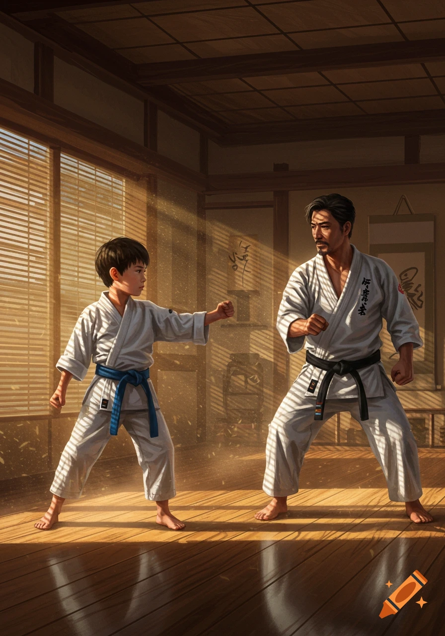 A father and son in white gis practice martial arts in a sunlit dojo. The boy wears a blue belt, the man a black belt, both in fighting stances.