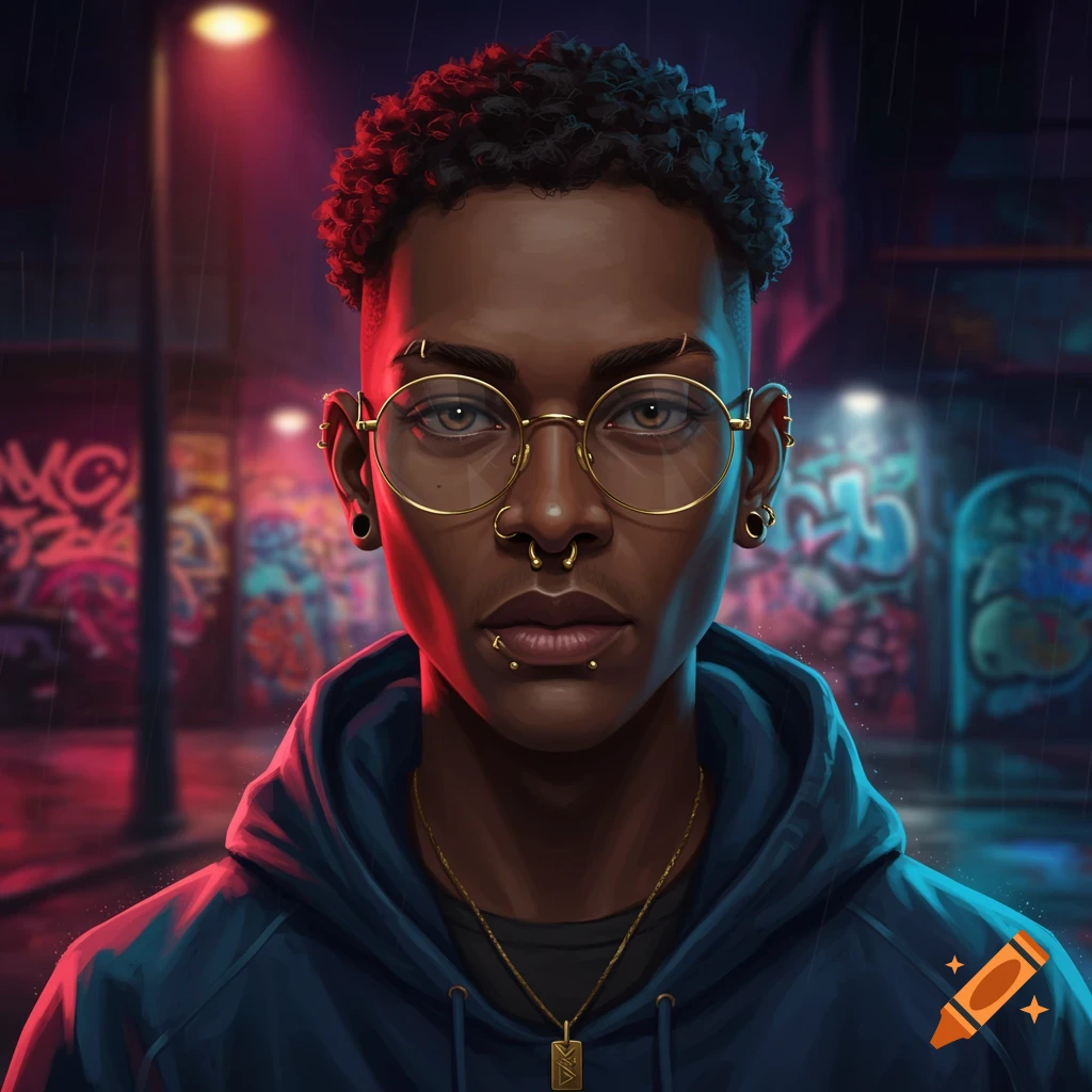 Close-up portrait of a person with curly hair, round glasses, and multiple facial piercings, standing in a rainy, neon-lit urban alley with graffiti.