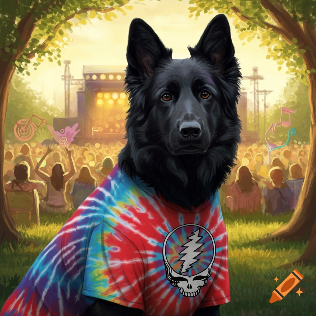 A black German shepherd dog wearing a tie-dye Grateful Dead shirt at an outdoor music concert.