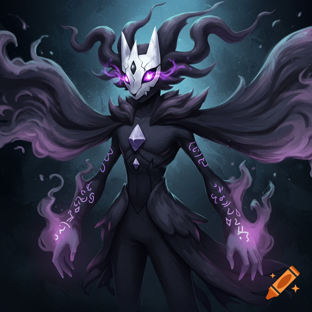 A dark, shadowy humanoid creature with a white mask, glowing violet eyes, purple runes, and flowing smoke-like tendrils in a fantasy art style.