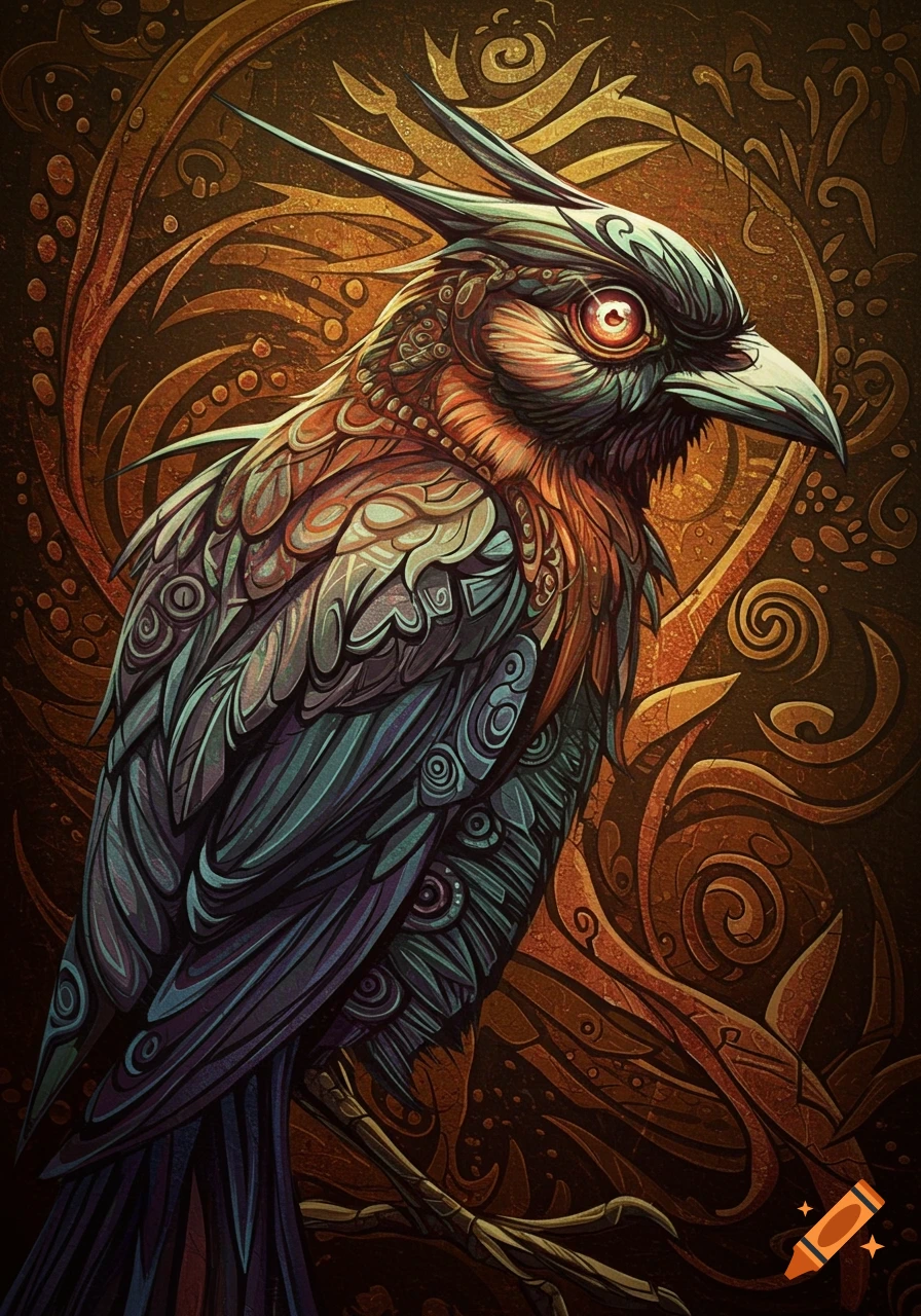 A stylized bird with intricate colorful feather patterns and glowing eyes, in a woodcut abstract art style.