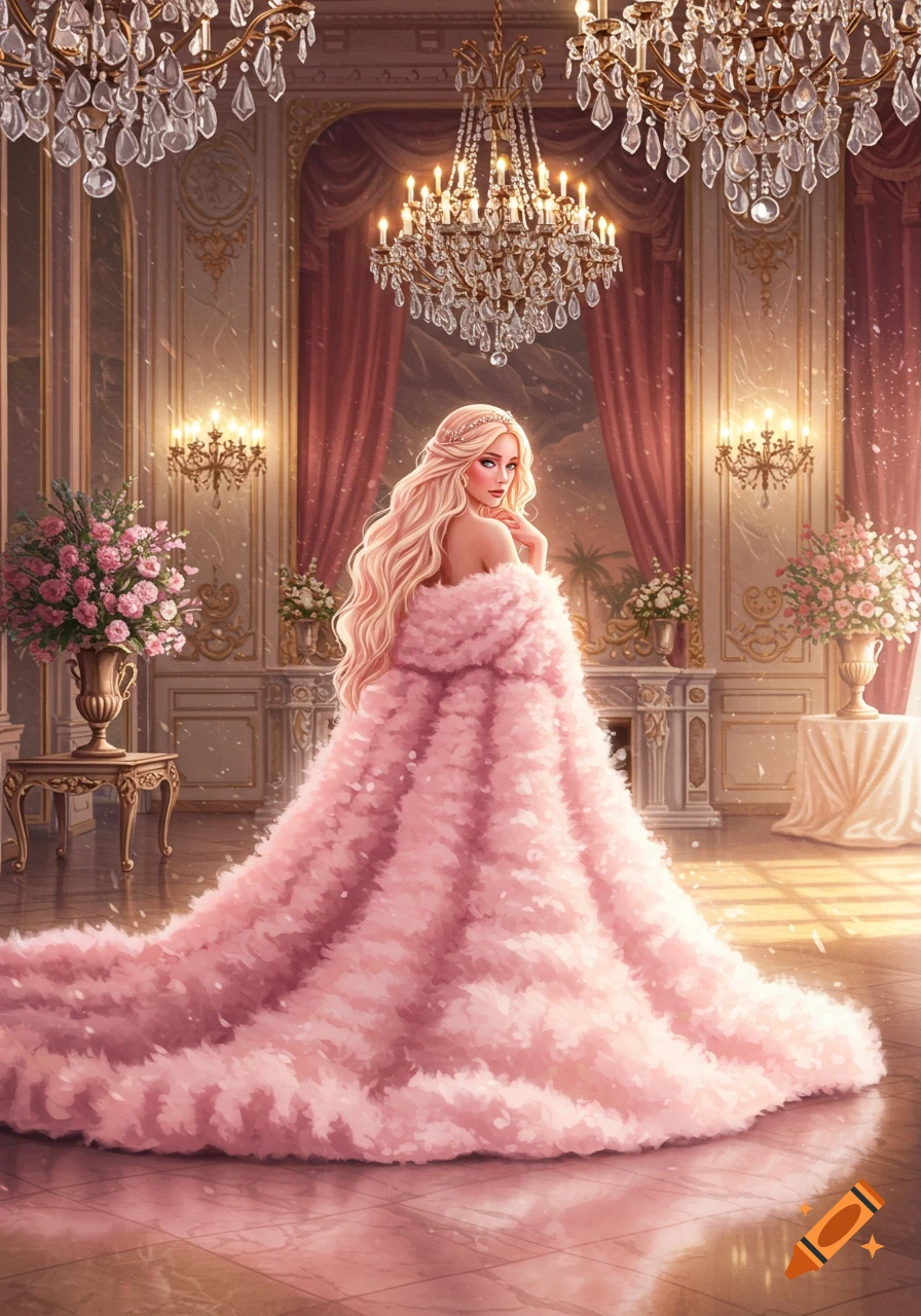 A beautiful princess with long blonde hair in a large fluffy pink robe stands in a grand palace ballroom.