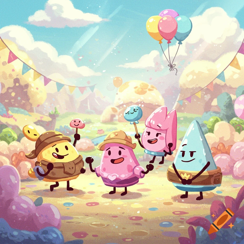 Colorful, anthropomorphic blob characters celebrate outdoors with balloons, flags, and confetti in a whimsical cartoon style.