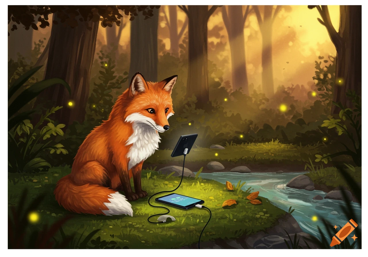 A stylized fox sits on green grass in a forest, charging a phone and a small tablet with a long cable by a stream. Fireflies glow around.