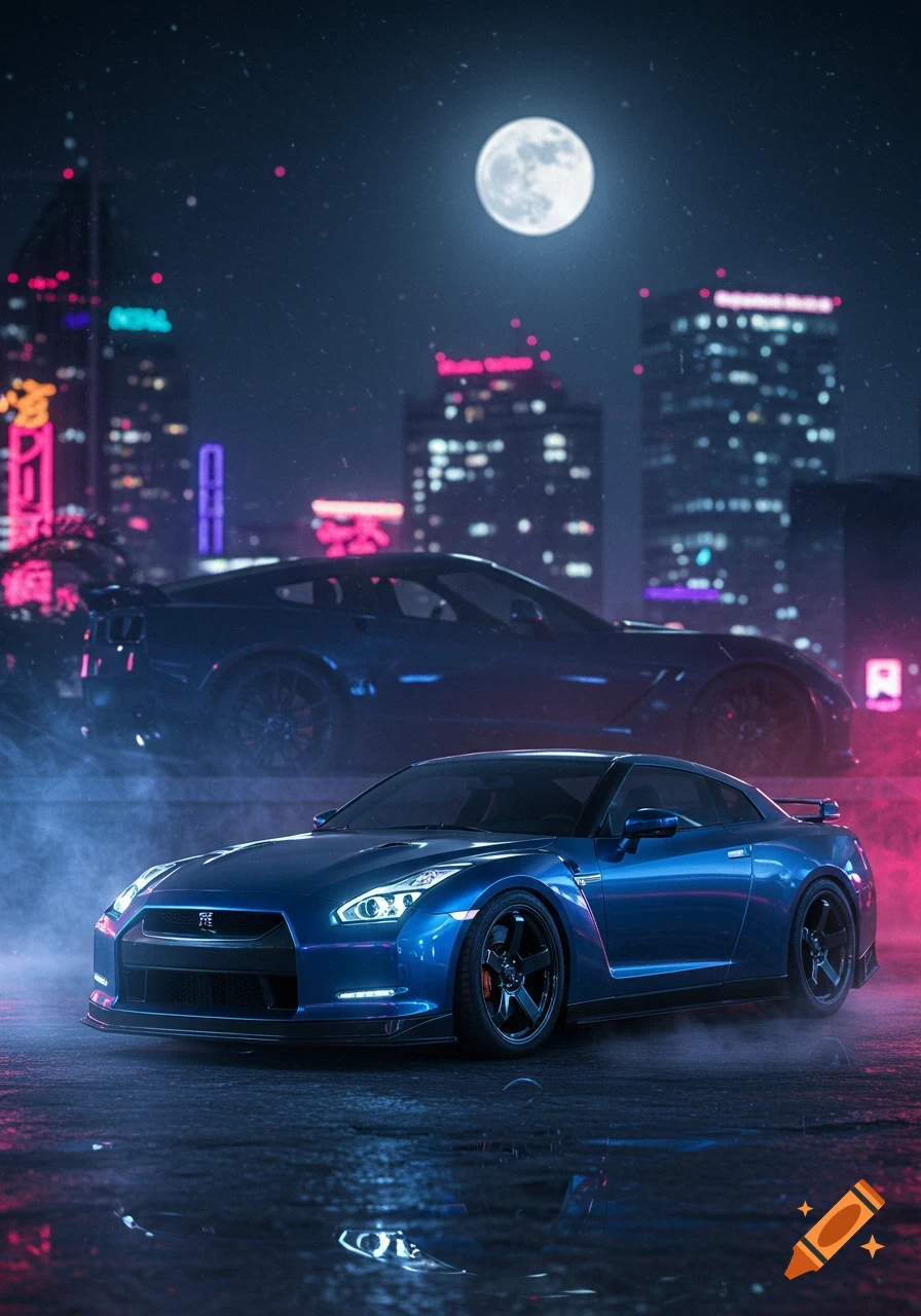 Blue Nissan GT-R and Chevrolet Corvette on a wet city street at night with neon lights and a full moon.
