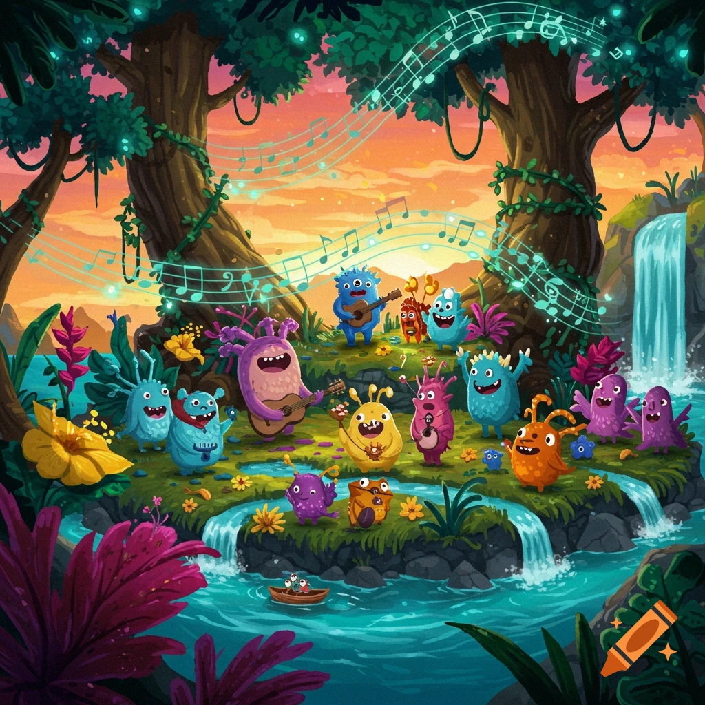 Colorful, happy cartoon monsters play musical instruments on a lush, vibrant island with waterfalls under a sunset sky, surrounded by floating musical notes.