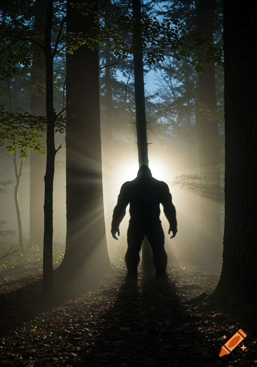 Silhouette of Bigfoot standing in a misty, sun-drenched forest with towering trees.