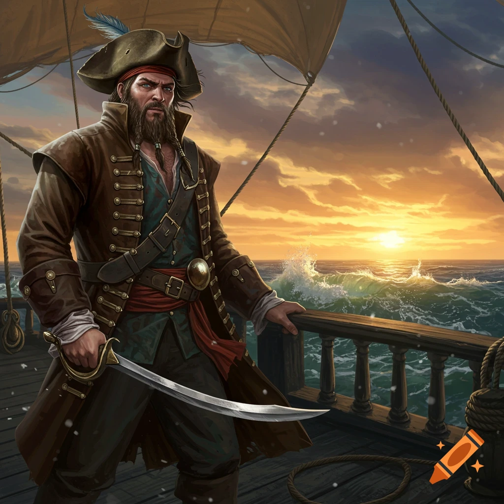 A rugged pirate with a beard and feathered hat stands on a ship's deck, holding a sword, with a sunset over the ocean.