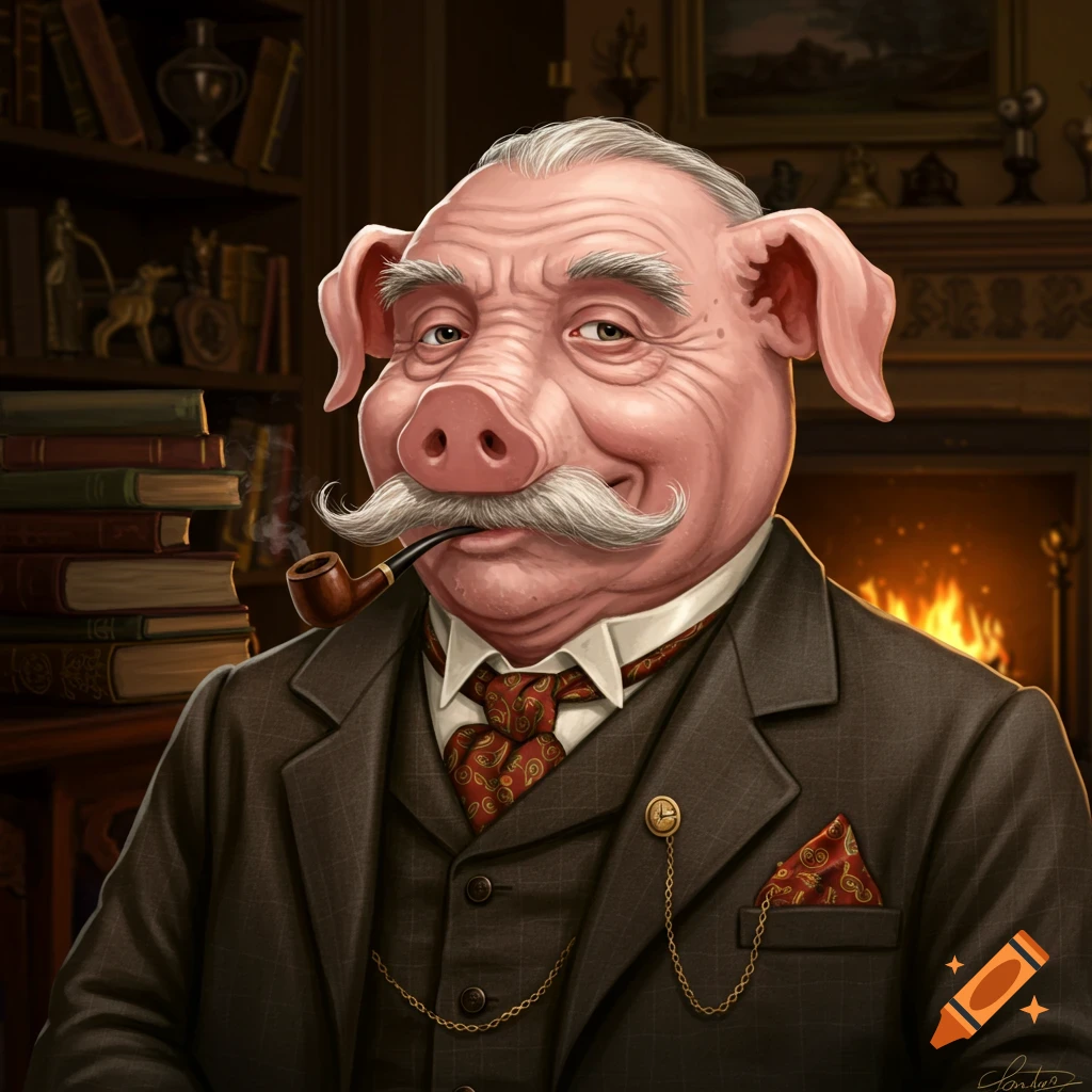 An anthropomorphic pig with a white mustache and a pipe, wearing a suit, in a library with a fireplace.