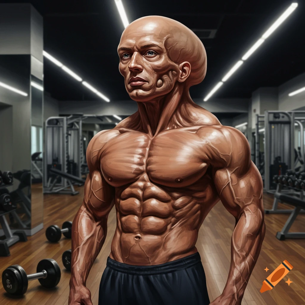 A hyper-muscular bald man with an intensely veined, distorted head stands in a gym.