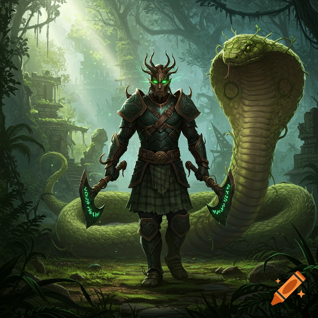 A fantasy warrior with glowing green eyes and antlers on his helmet, wearing green and bronze armor and a kilt, holds two glowing green axes in a jungle with ancient ruins. A giant green cobra rises behind him.