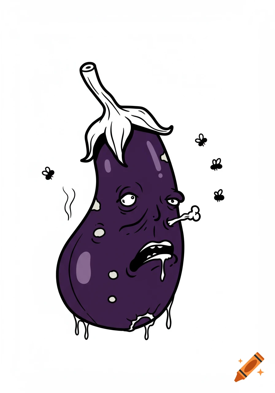 A gross, cartoon eggplant illustration with a disgusted face, flies, and slime, drawn in a simple black line style on a white background.