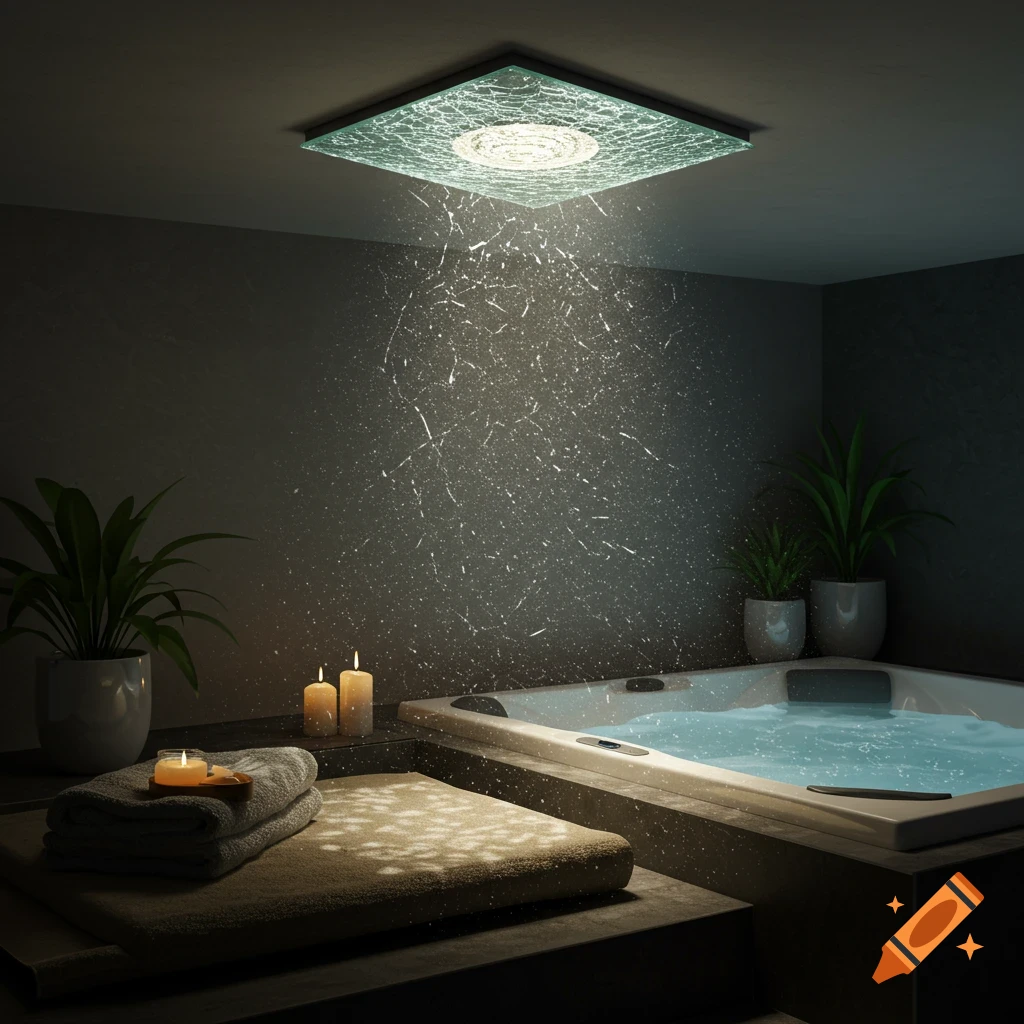 A serene spa bathroom with a lit hot tub, glowing candles, and potted plants. Light from a ceiling fixture creates a sparkling, cracked glass effect.