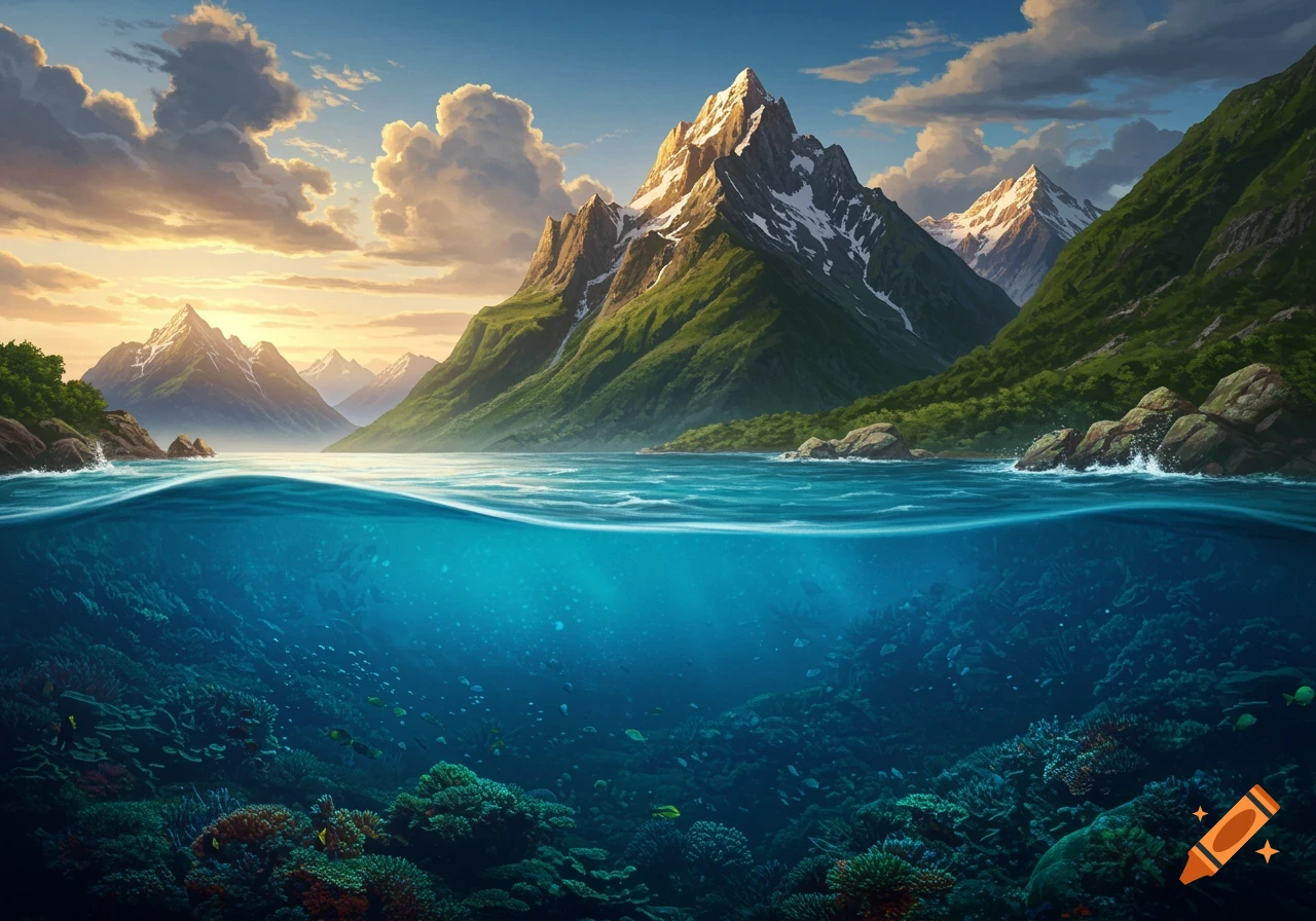 A fantasy landscape showing a split view of snow-capped mountains above water and a vibrant coral reef with fish below.