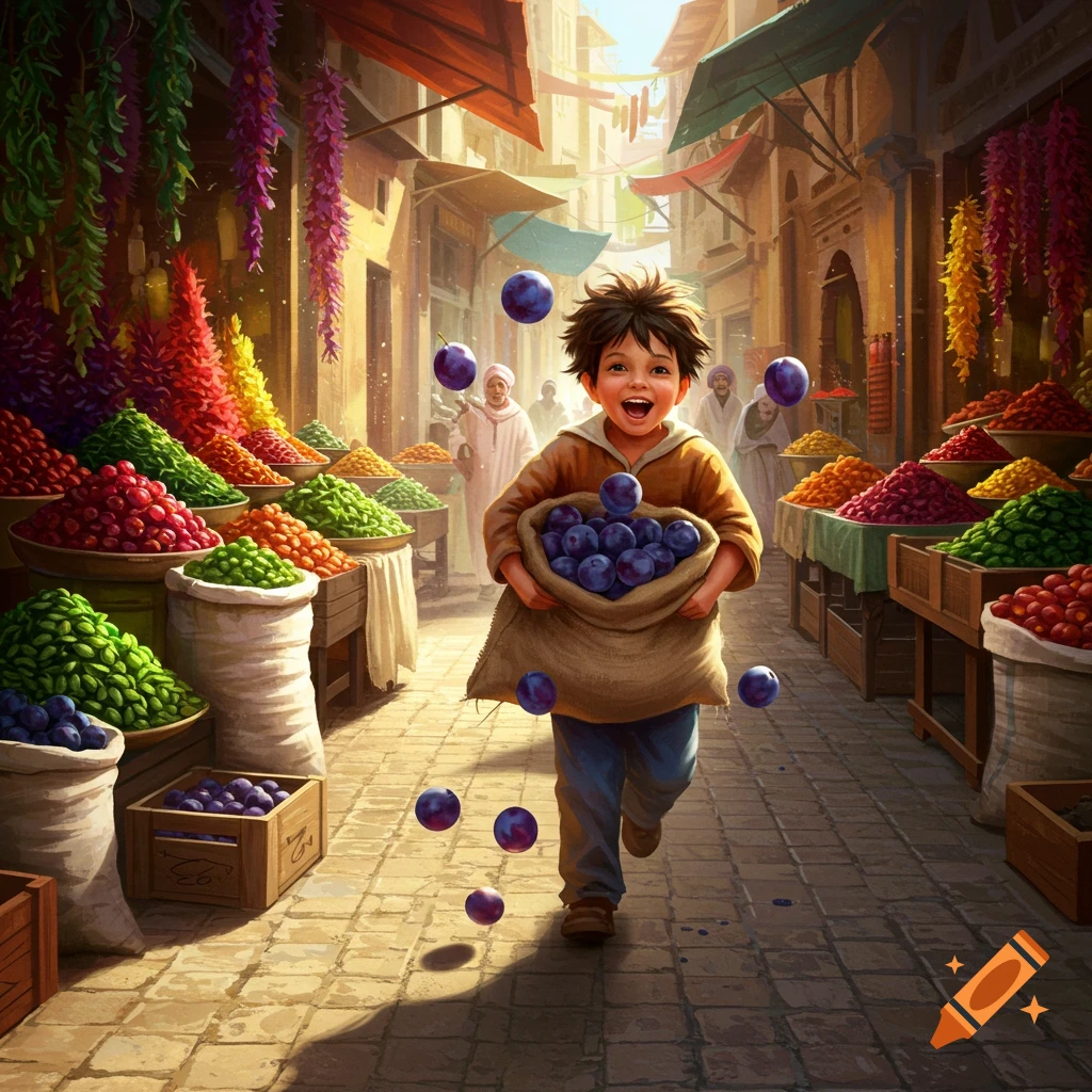 A happy boy runs through a vibrant market, holding a sack of plums, with more plums scattering around him.