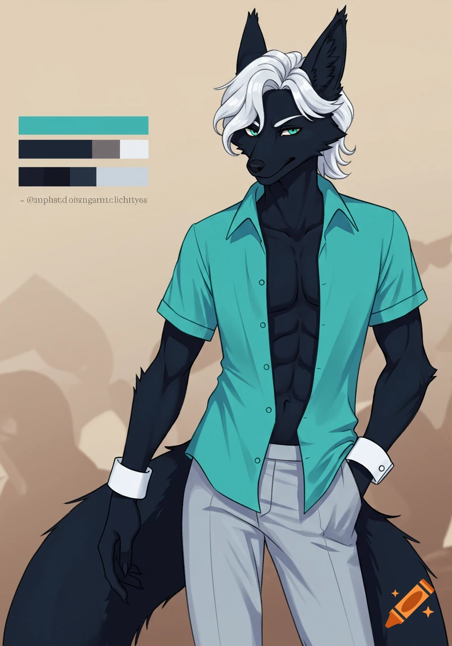 2D illustration of a black-furred anthropomorphic fox with white hair, aqua eyes, in an open turquoise shirt and light gray pants.