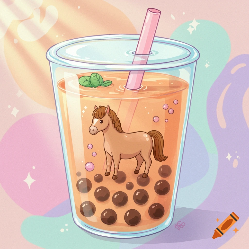 A cute, whimsical illustration of a brown horse standing among tapioca pearls inside a bubble tea cup with a pink straw.