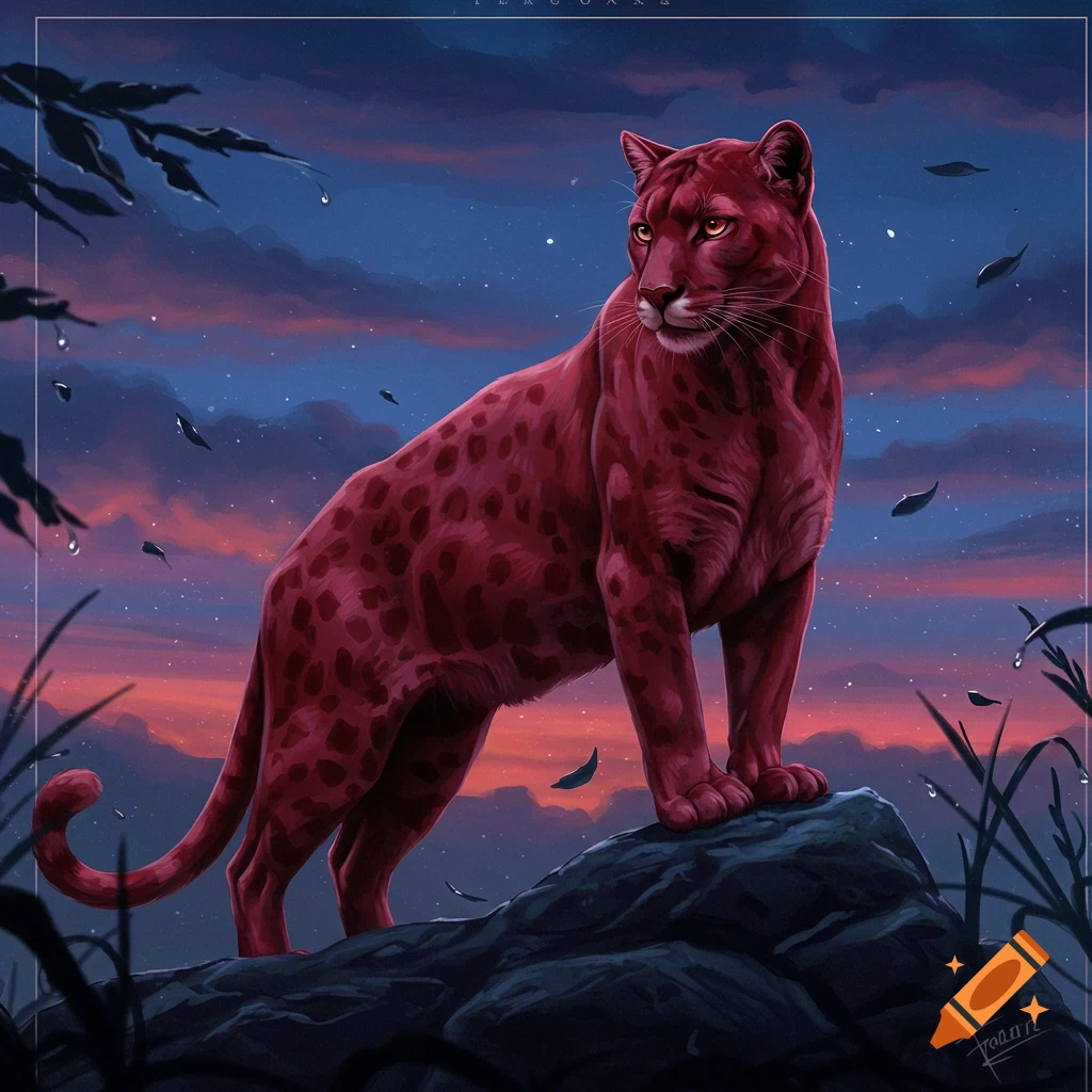 A crimson panther stands on a dark rock against a vibrant blue and orange twilight sky.