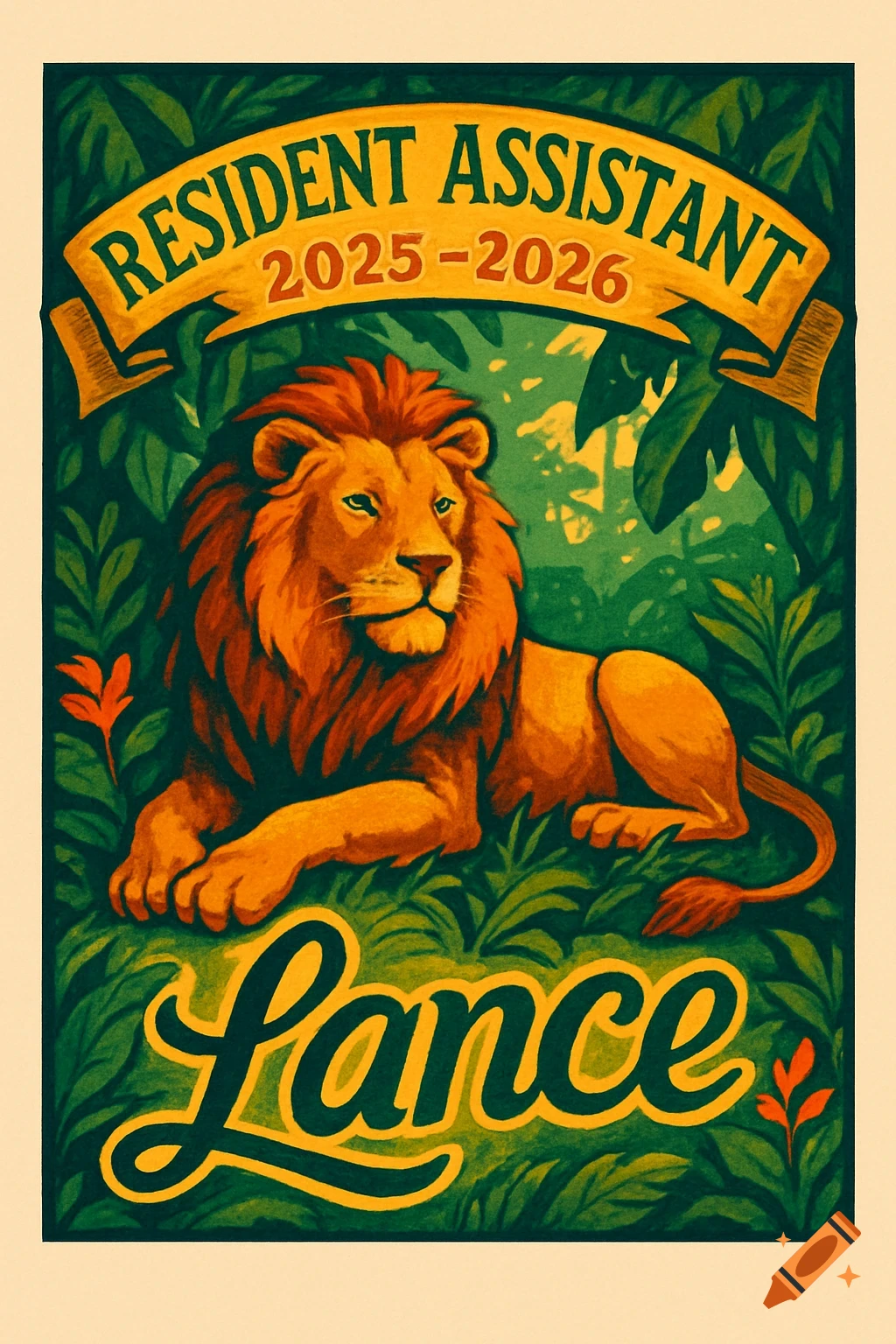 A vibrant, illustrated poster featuring a lion resting in a jungle, with the text "Resident Assistant 2025-2026 Lance".