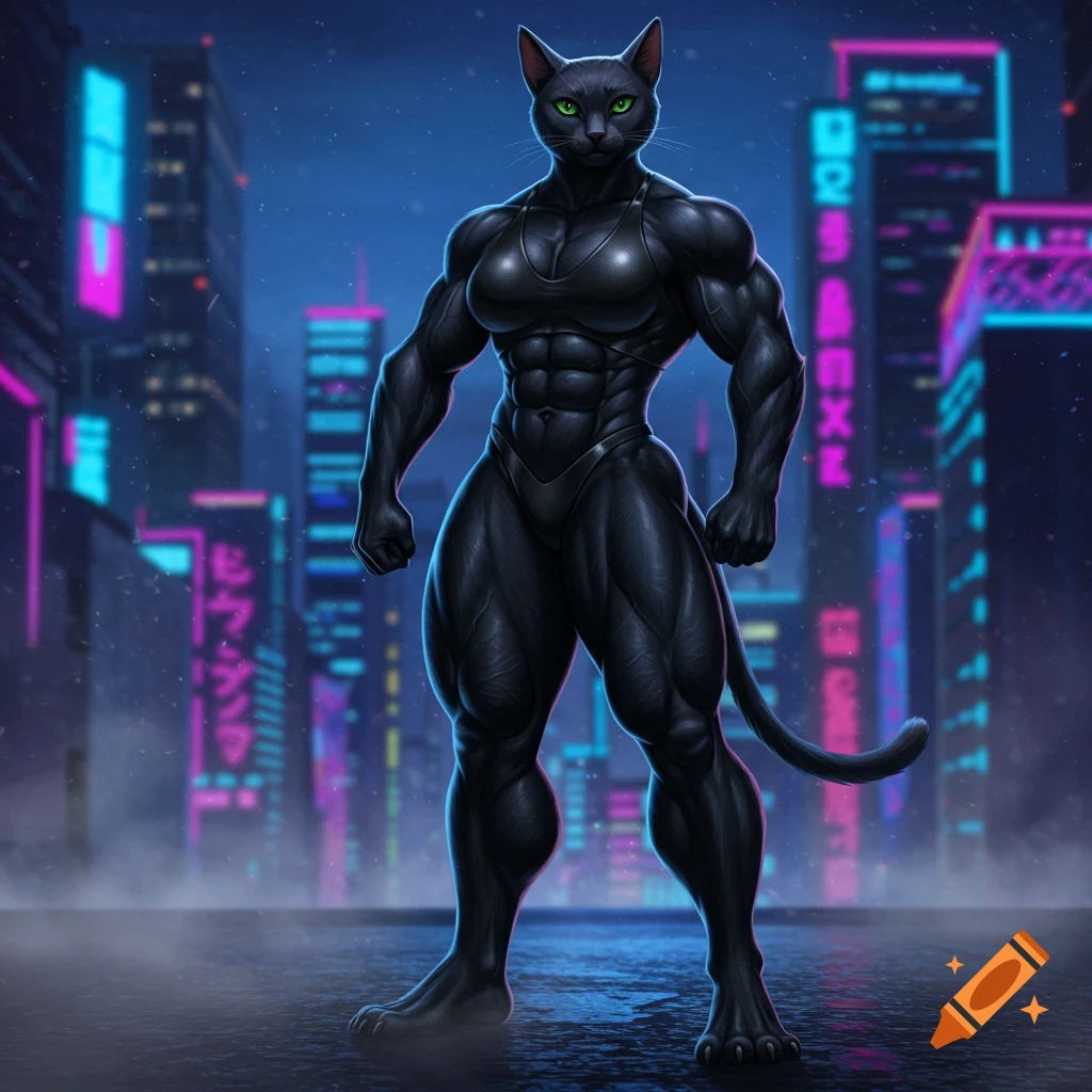 A muscular black anthropomorphic cat with green eyes stands powerfully in a neon-lit cyberpunk city at night.