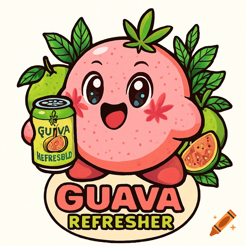 A cute, plump, pink Kirby-like character with a cannabis leaf on its head and seed-like freckles, holding a green soda can labeled "Guiva" and standing above a "GUAVA REFRESHER" banner. The character is surrounded by guava plants.
